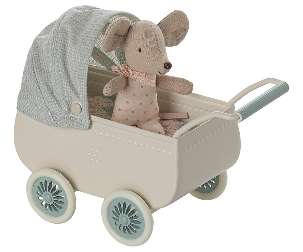 Maileg Pram with Baby Mouse - Mint image 1