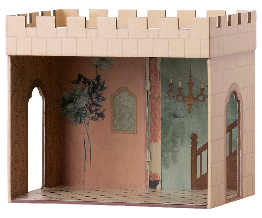 Maileg Mouse Castle Hall with illustrated staircase, arched windows, and castle walls for Maileg mice. 
