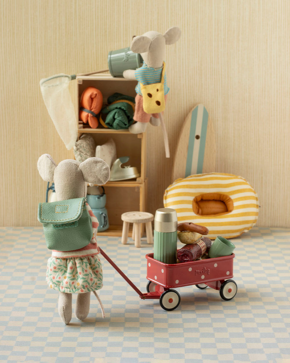Maileg red mouse wagon displayed with big sister mouse pulling it