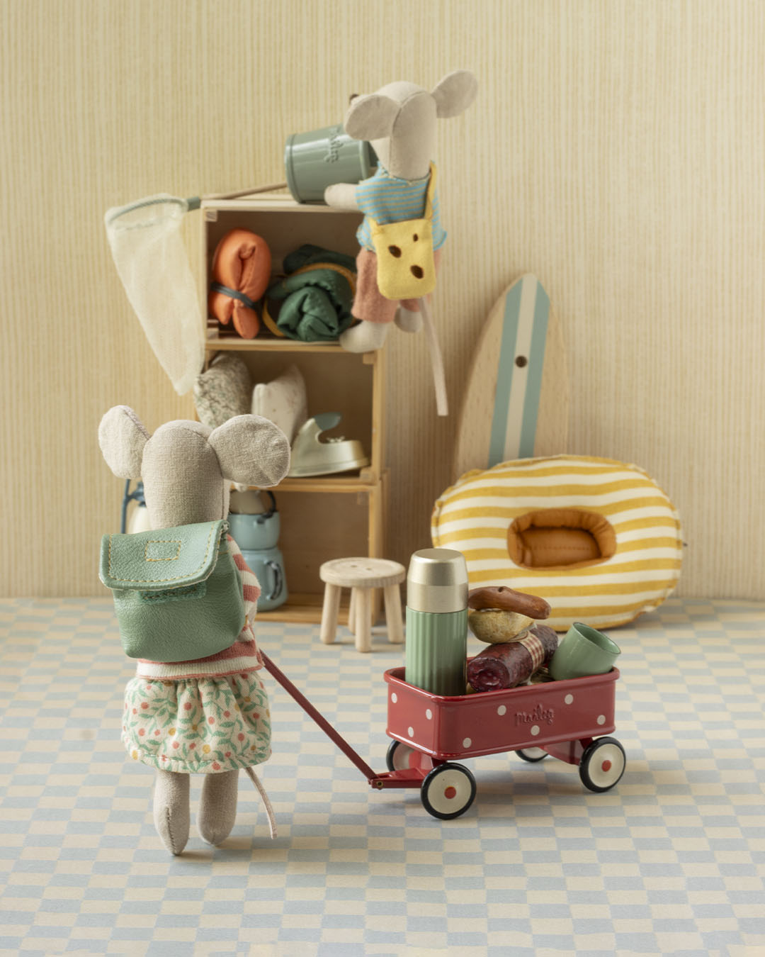Maileg red mouse wagon displayed with big sister mouse pulling it
