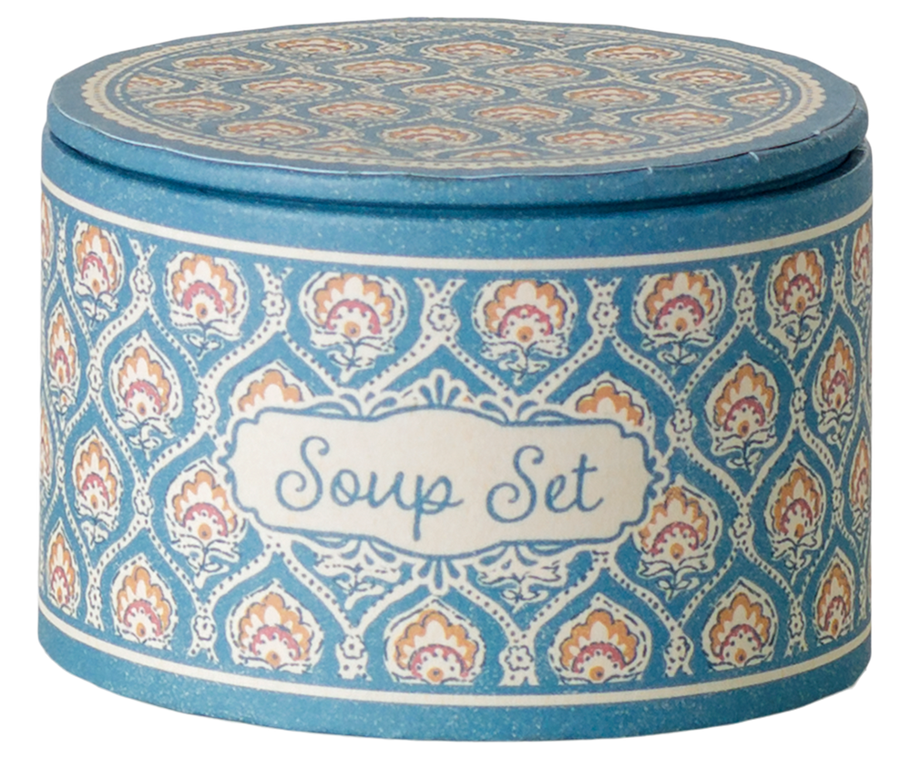 Maileg 13-piece miniature soup and dining set with decorative round storage box.
