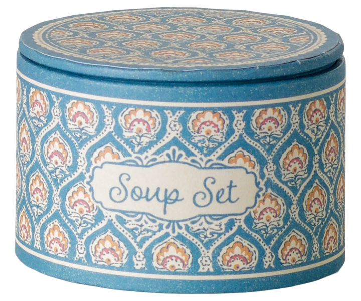 Maileg 13-piece miniature soup and dining set with decorative round storage box.