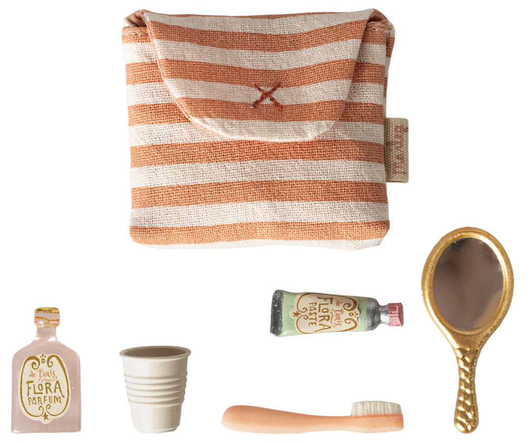 Maileg Toothbrush set in bag, Mouse - Red stripe