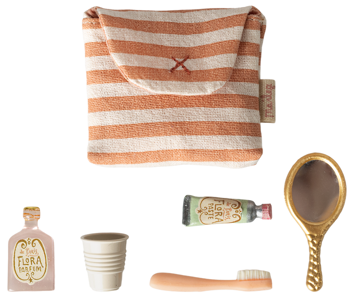 Maileg Toothbrush set in bag, Mouse - Red stripe