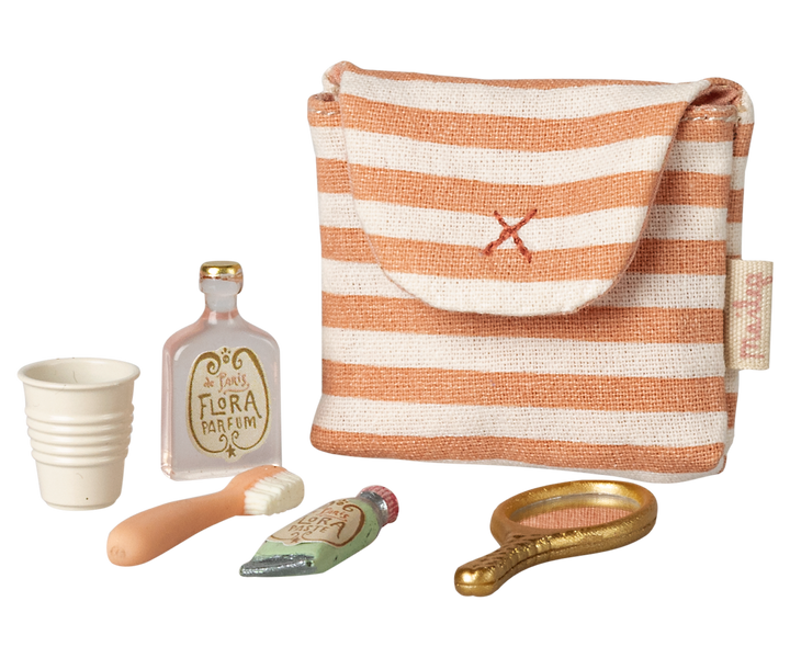 Maileg Toothbrush set in bag, Mouse - Red stripe