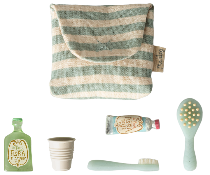 Maileg Toothbrush set in bag, Mouse - Blue stripe