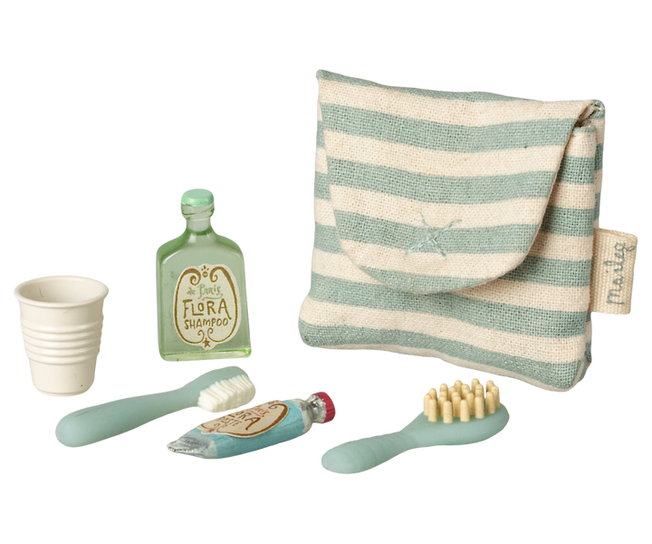 Maileg Toothbrush set in bag, Mouse - Blue stripe