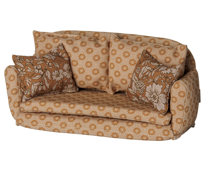 Ocher floral Maileg miniature sofa with two cushions for large mice
