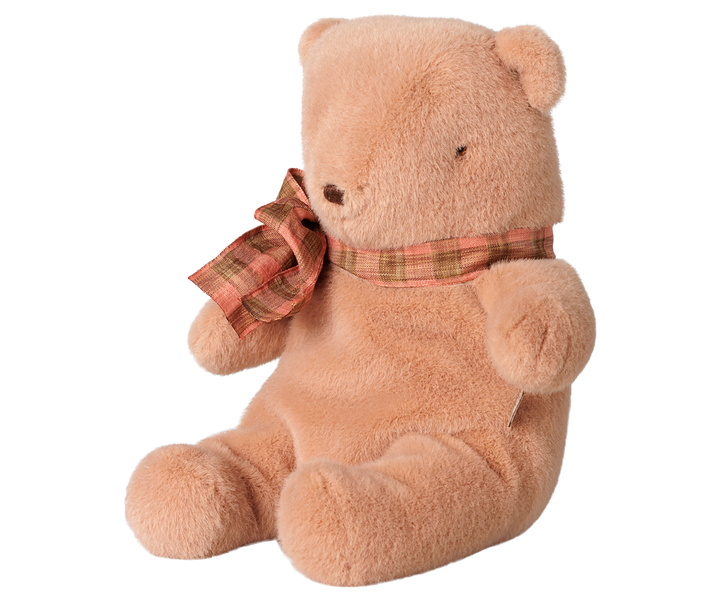 Maileg Small plush teddy bear in vintage rose with plaid bow around neck