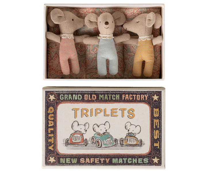 Maileg Triplets, Baby mice in matchbox - Checker