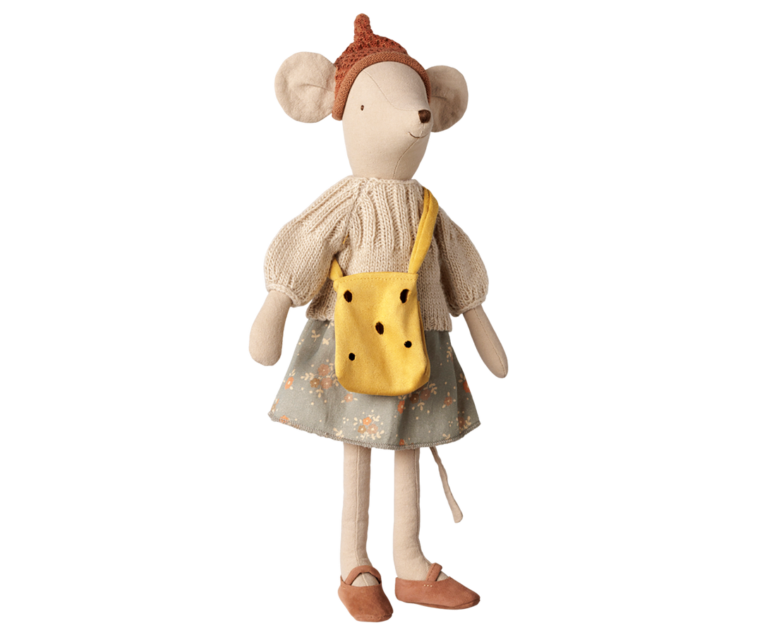 Maileg medium mouse wearing cheese bag