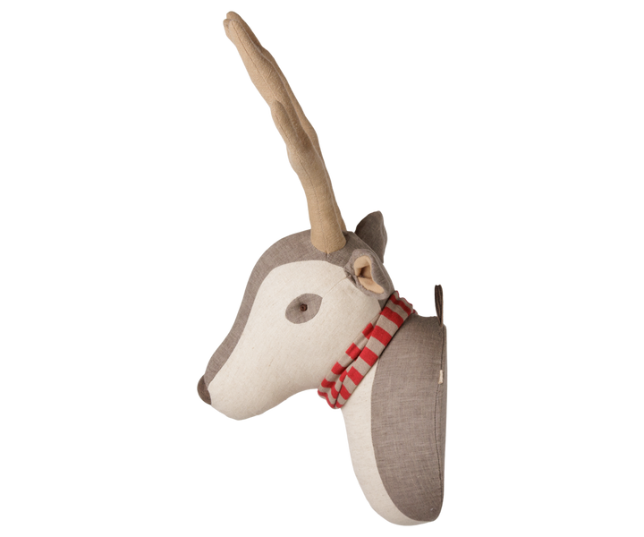 Side profile of Maileg reindeer wall trophy with long fabric antlers and striped scarf