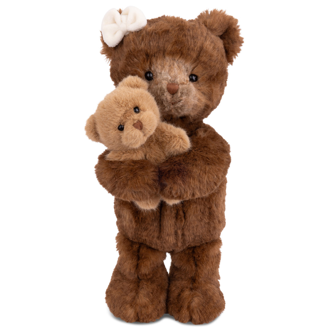 Bukowski Bears Teddy & Mama plush brown mother bear holding a smaller tan teddy bear, with a cream bow on her head