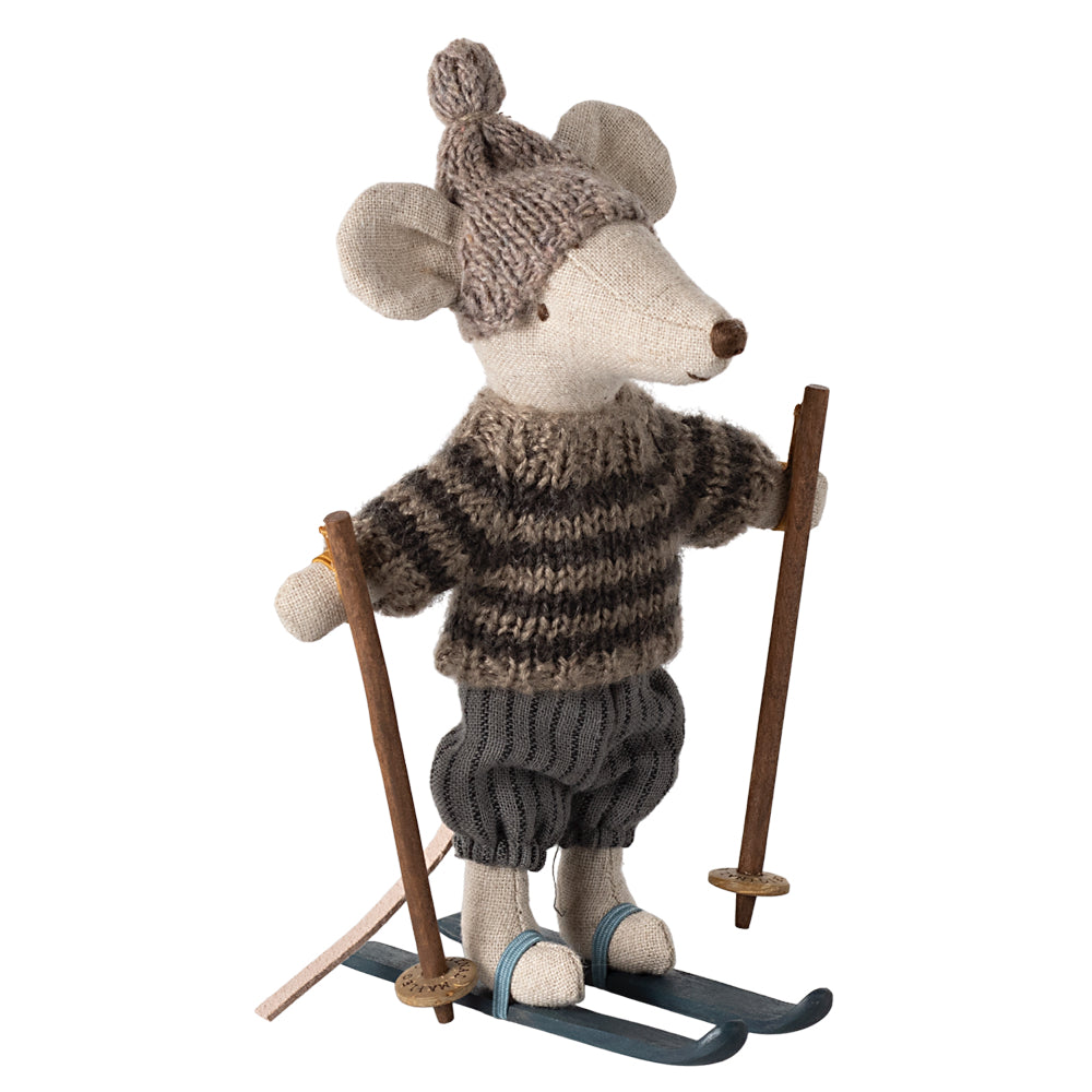 Maileg Winter Mouse with Ski Set, Big Brother - Grey image 0
