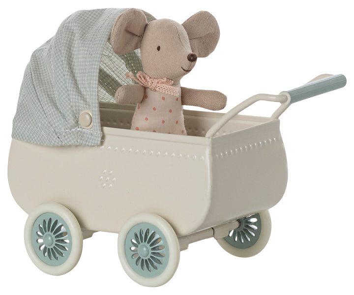 Maileg Pram with Baby Mouse - Mint image 0