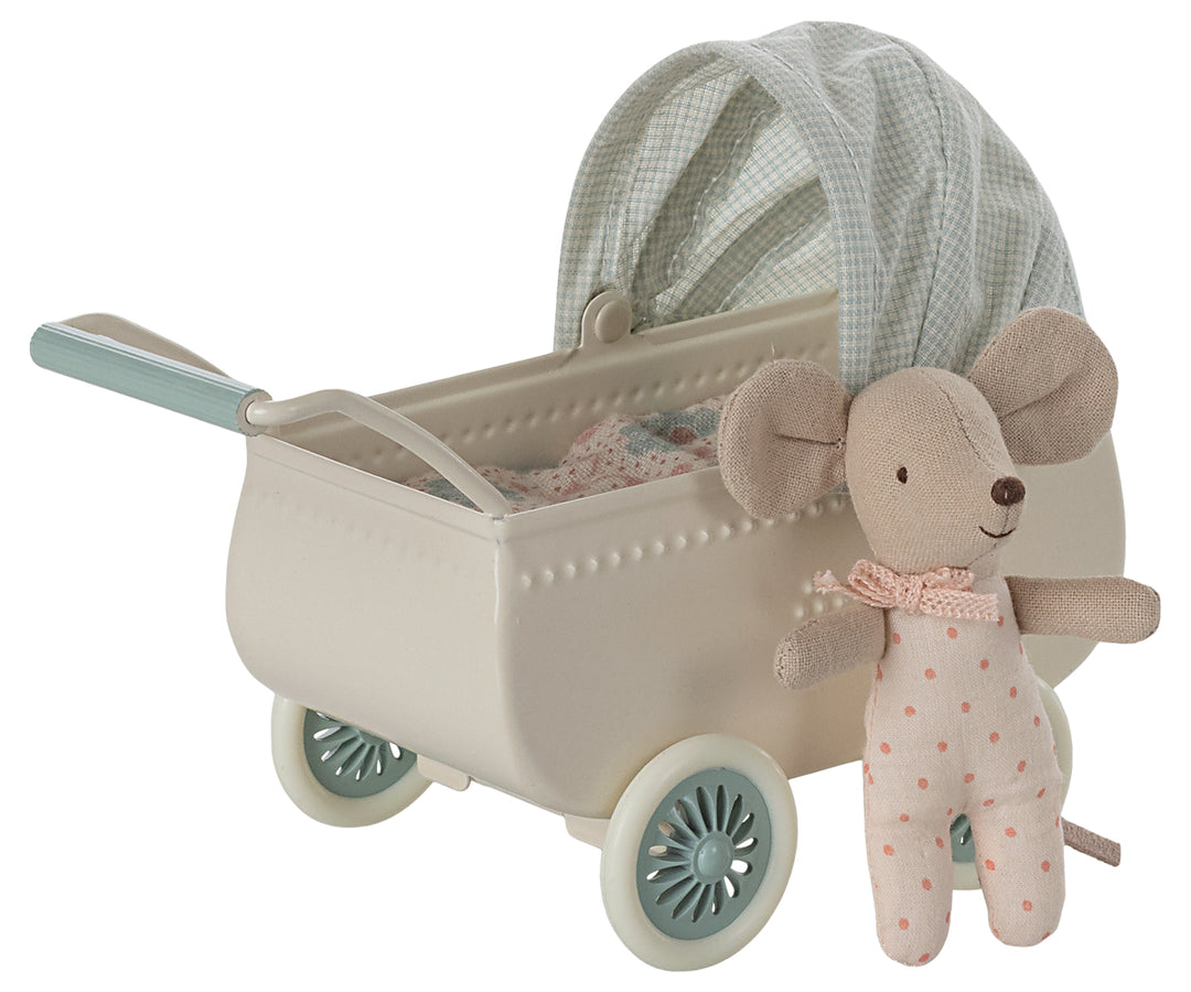 Maileg Pram with Baby Mouse - Mint image 3