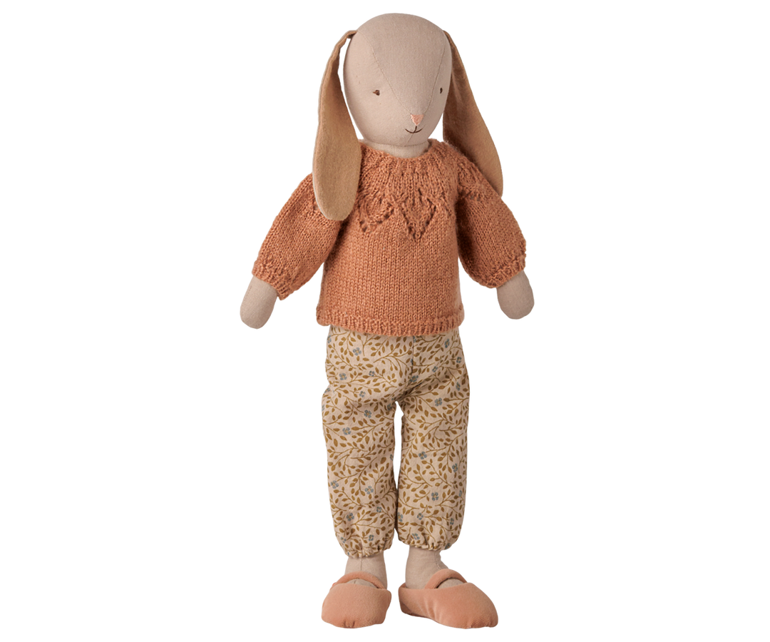 Maileg size 3 classic bunny wearing a knitted sweater, floral pants, and matching shoes.