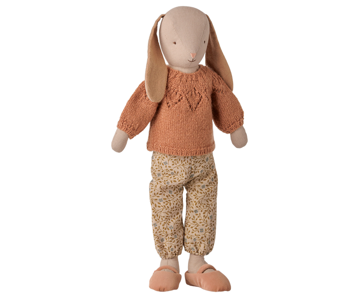 Maileg size 3 classic bunny wearing a knitted sweater, floral pants, and matching shoes.