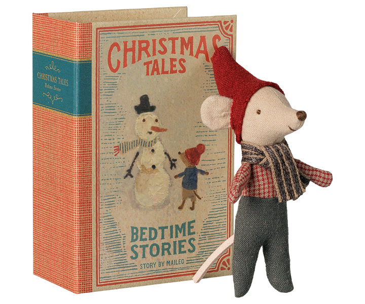 Maileg Christmas Baby Mouse with festive storybook box