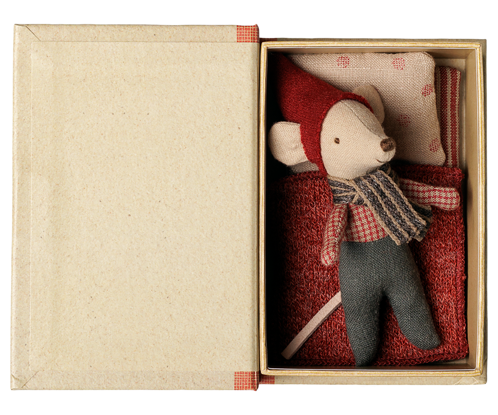 Maileg Baby Mouse tucked inside Christmas storybook box