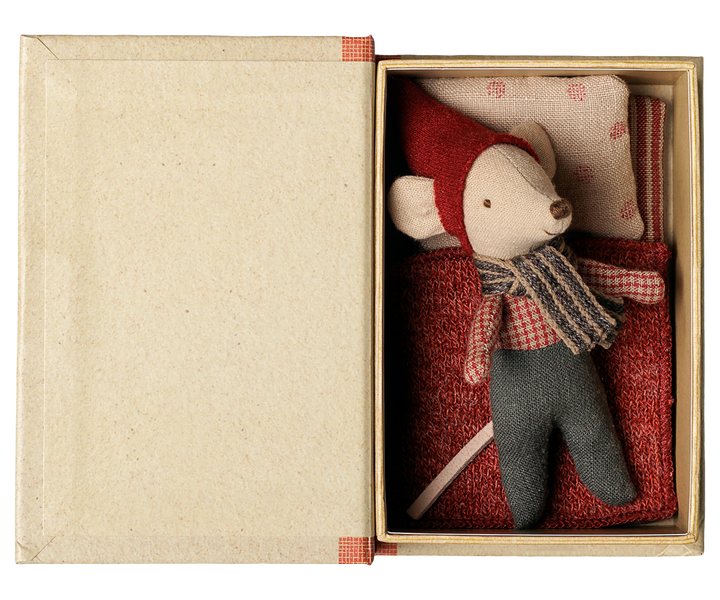 Maileg Baby Mouse tucked inside Christmas storybook box