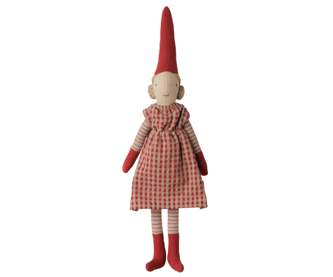 Maileg Christmas Pixy girl doll in a red checkered dress with striped stockings, red mittens, and a tall pointed hat. 