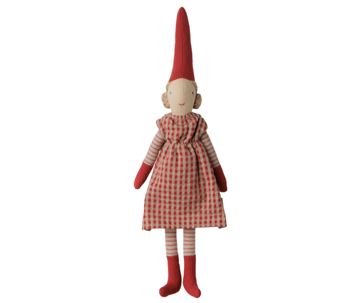 Maileg Christmas Pixy girl doll in a red checkered dress with striped stockings, red mittens, and a tall pointed hat. 