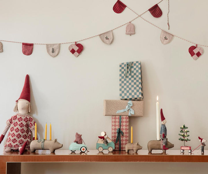 Maileg Christmas Pixy displayed in a festive Scandinavian-inspired holiday