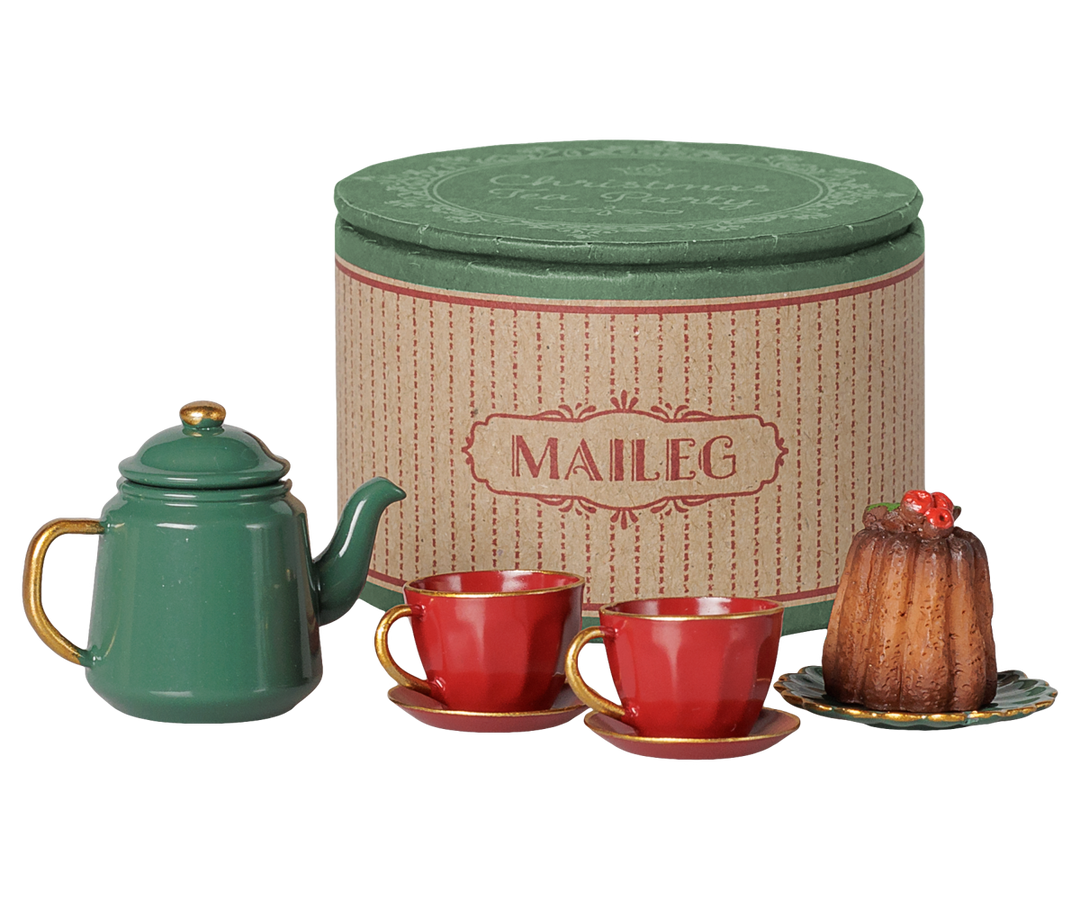 Maileg Christmas mouse tea party set with green teapot, red cups, Christmas cake, and decorative storage box.