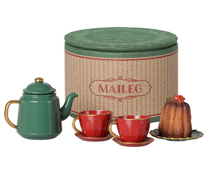 Maileg Christmas mouse tea party set with green teapot, red cups, Christmas cake, and decorative storage box.