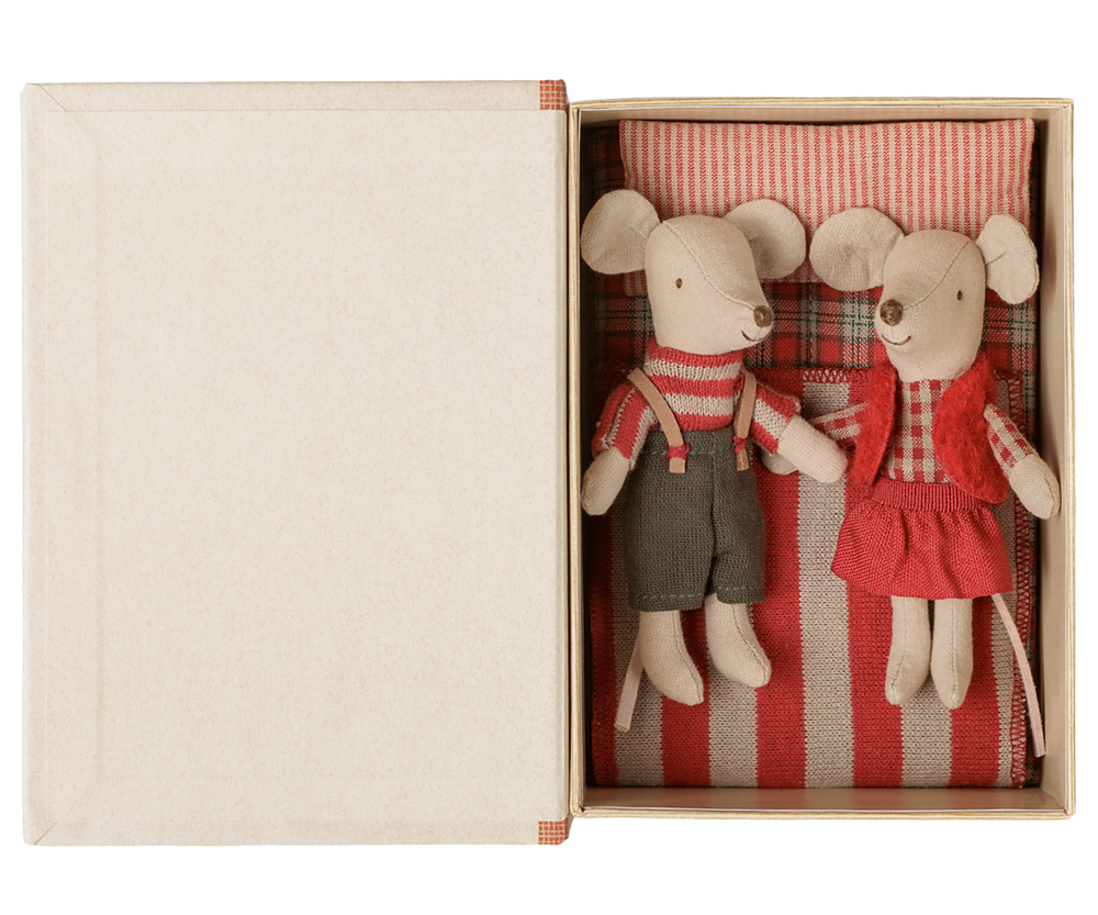 Maileg Christmas Twin Mice Little Sister and Brother tucked inside storybook bed