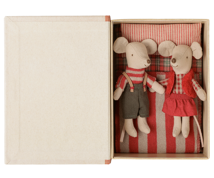 Maileg Christmas Twin Mice Little Sister and Brother tucked inside storybook bed