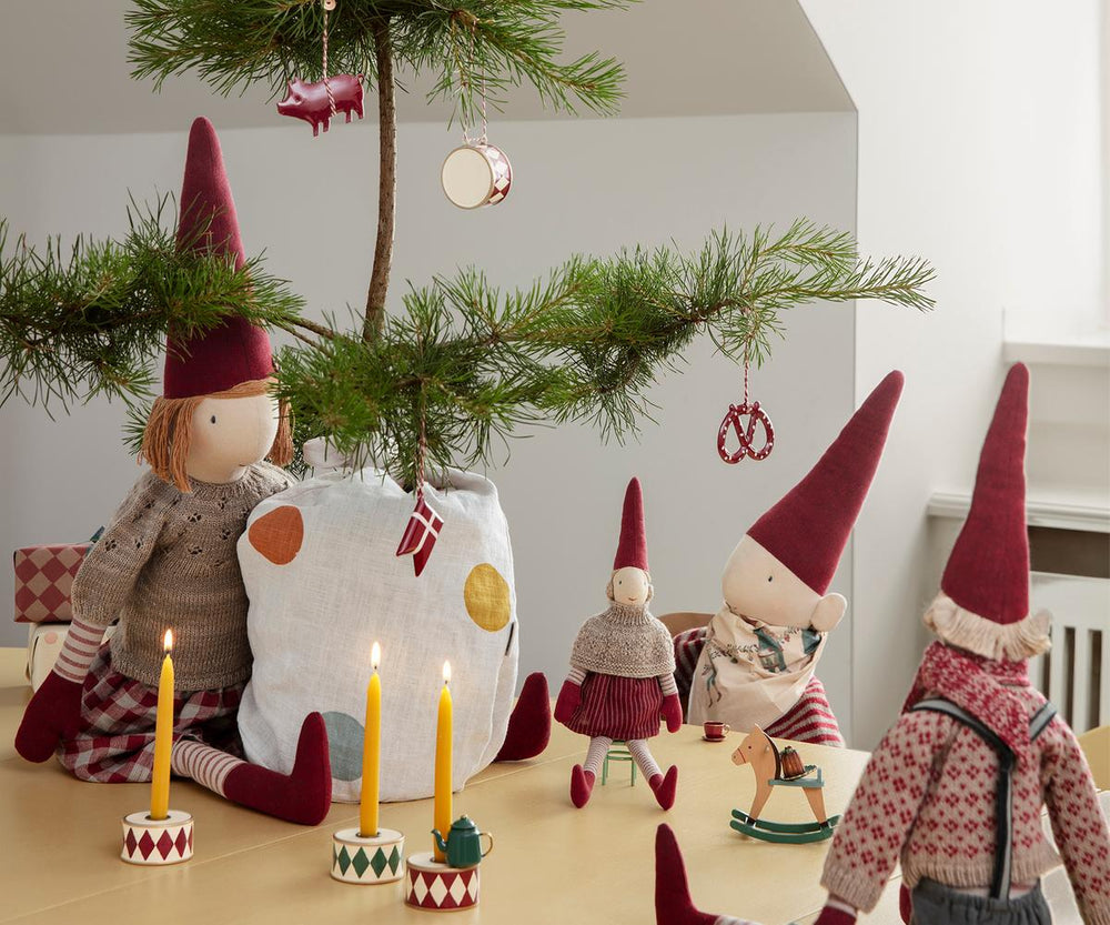 Maileg drum candle holder styled in a festive Christmas display
