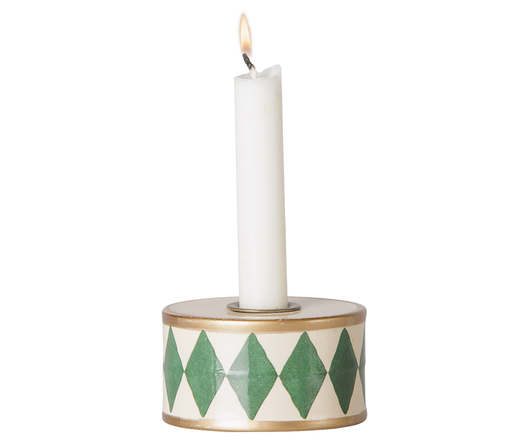 Maileg green and off-white drum candle holder with taper candle