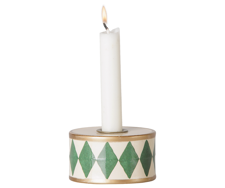 Maileg green and off-white drum candle holder with taper candle
