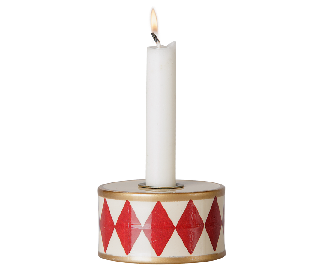 Maileg red and off-white drum candle holder with taper candle