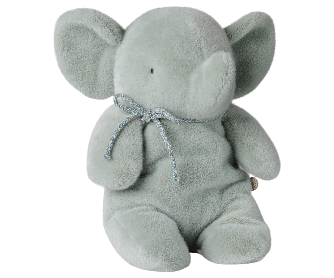 Maileg Medium plush elephant in soft mint with bow around neck