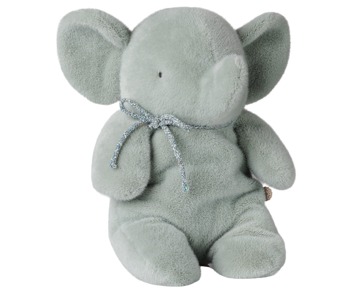 Maileg Medium plush elephant in soft mint with bow around neck