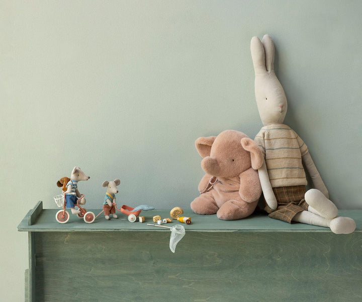 Maileg rose elephant plush displayed in a nursery with Maileg toys