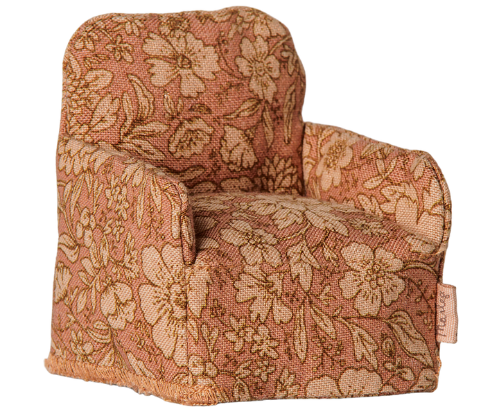Maileg mouse folding chair in a dusty rose floral print, designed as miniature furniture for the Mouse Hole Farmhouse.