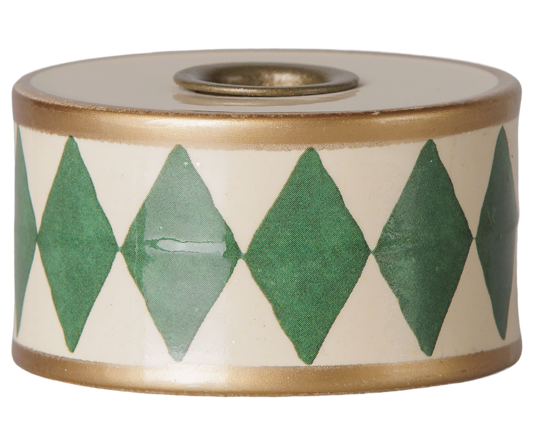 Maileg metal drum candle holder with hand-painted green diamond design