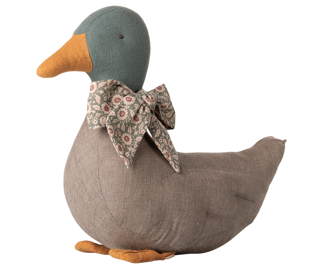 Maileg grey fabric duck with floral bow and orange bill for Christmas decor