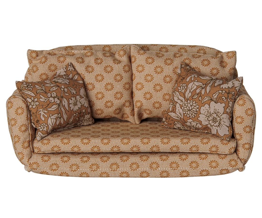 Maileg large mouse sofa bed in ocher floral fabric with matching pillows