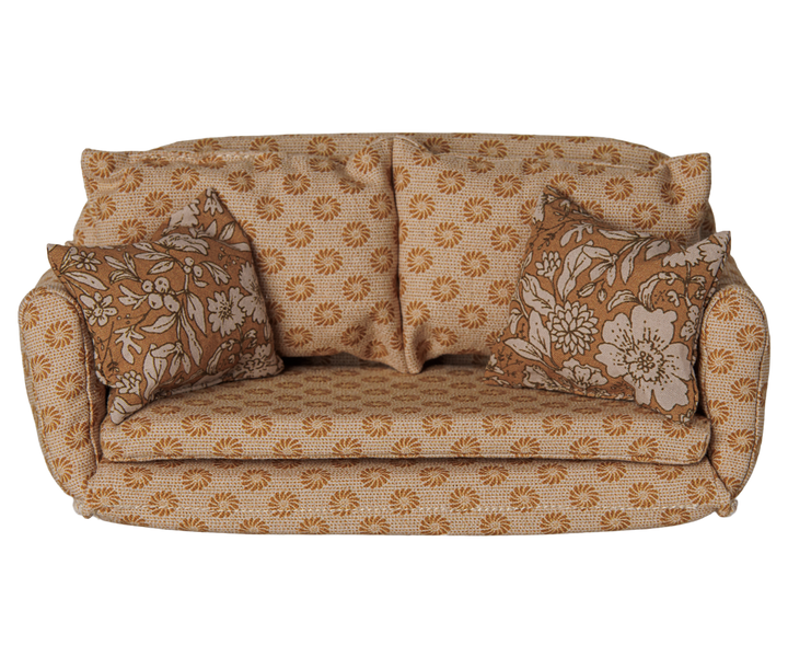 Maileg large mouse sofa bed in ocher floral fabric with matching pillows