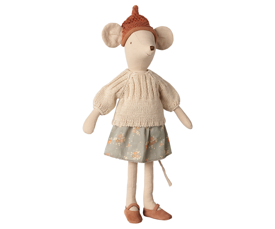 Maileg medium mouse wearing a cream sweater, floral skirt, and knitted acorn hat. 