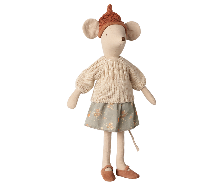 Maileg medium mouse wearing a cream sweater, floral skirt, and knitted acorn hat. 