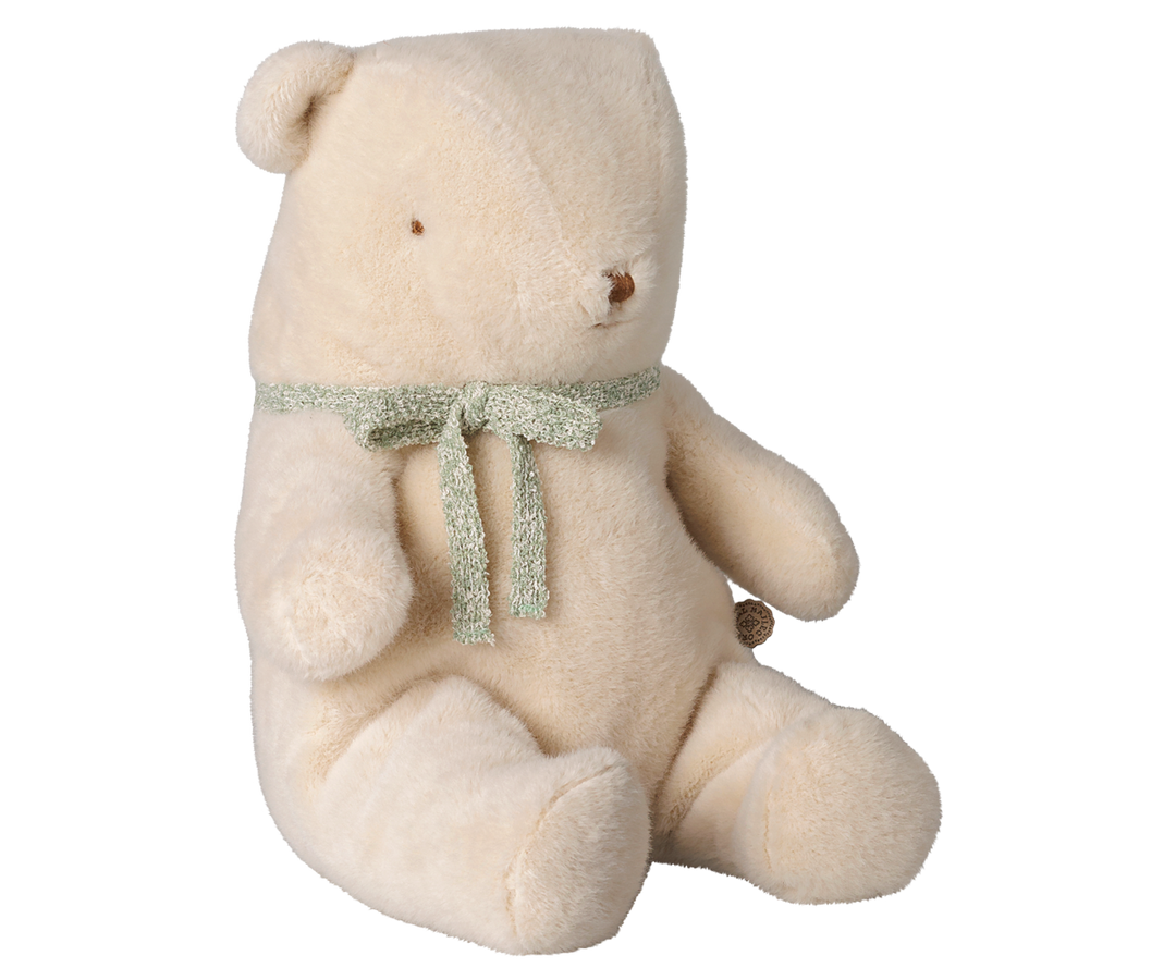 Maileg medium off-white plush teddy bear with mint green bow.