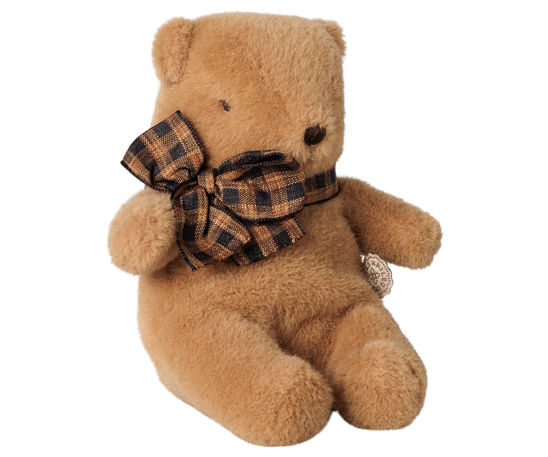 Maileg mini teddy bear plush in mushroom brown with a plaid bow, 4.72 inches tall.