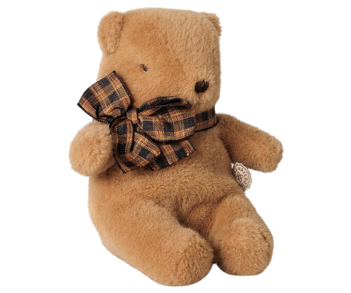 Maileg mini teddy bear plush in mushroom brown with a plaid bow, 4.72 inches tall.