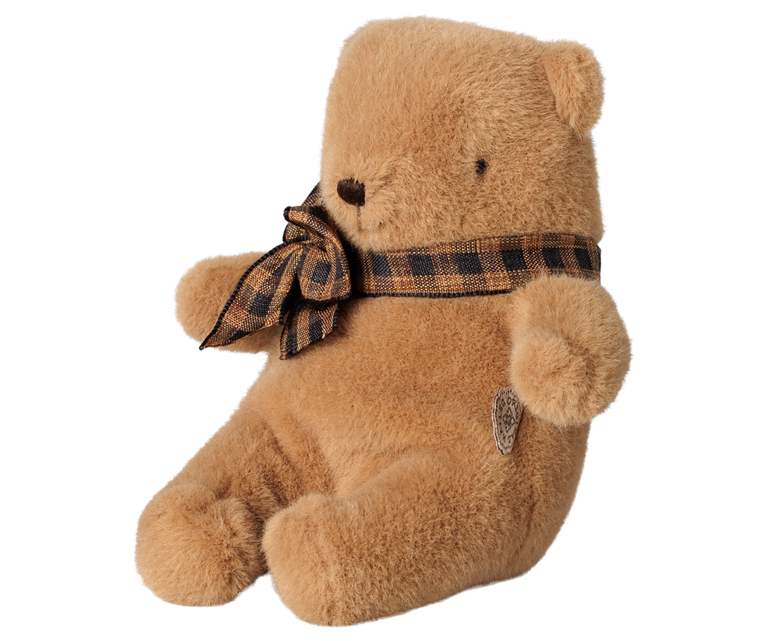 Maileg mini teddy bear plush in mushroom brown with a plaid bow. 